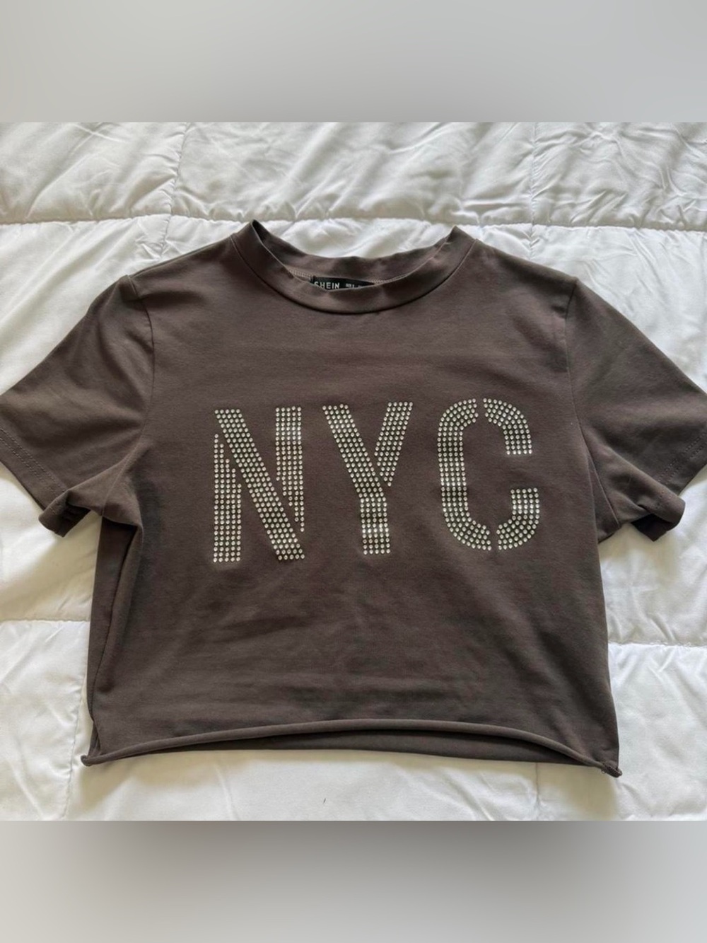 SHEIN Brown Rhinestone NYC Cropped Tee